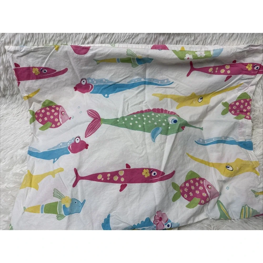 Pottery Barn Kids PBK Funny Fish Full Fitted Sheet Pillowcase Cotton Set